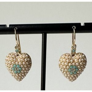 Linda Levinson SIGNED Heart Drop Gold Faux Pearl Turquoise Crystal Pave Earrings